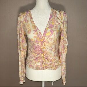 Free people purple/pink floral crunched front & back ruffle sleeve v neck blouse